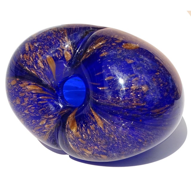 Modern Heart Shape Flower Vase Studio Art Glass Sapphire Blue With Glittery Copper Aventurine Flecks For Sale - Image 3 of 7