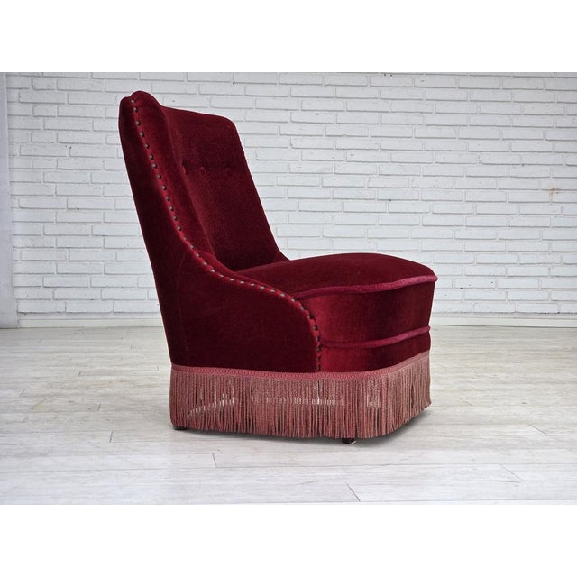 Danish Armchair in Red Furniture Velour and Beech Wood Legs, 1960s For Sale - Image 9 of 18