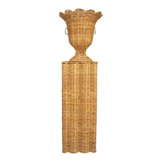 Square Scalloped Wicker Urn and Pedestal For Sale
