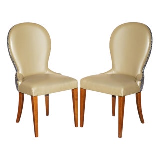 English Elm Hall Chairs with Damask Upholstery, Set of 2 For Sale