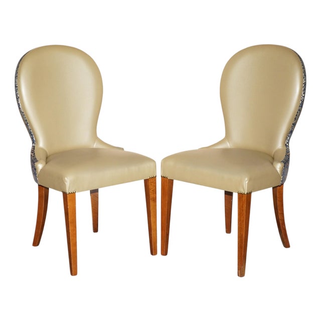 English Elm Hall Chairs with Damask Upholstery, Set of 2 For Sale