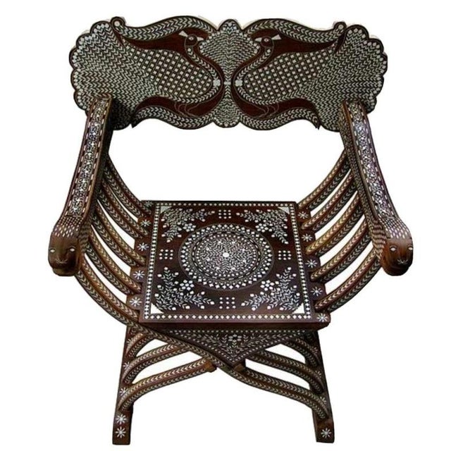 Indian Rosewood Royal Peacock Chair with Intricate White Inlay For Sale - Image 3 of 5
