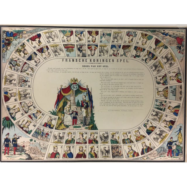 Colorful lithograph print of a popular board game in the mid-1800s titled "French Kings Game," designed by Erve...