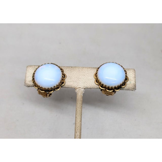 Napier Vintage 1950s Signed Napier Round Goldtone Faux-Moonstone Clip Earrings- 2 Pieces For Sale - Image 4 of 7