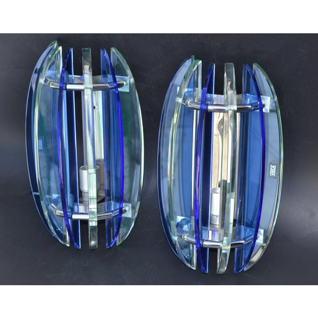 Blue Italian Glass & Chrome Sconces by Veca Blue & Clear Mid-Century Modern - Pair For Sale - Image 8 of 13