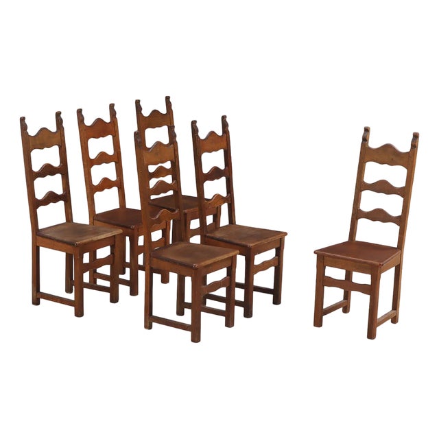 1940s French Provincial Oak Ladder-Back Dining Chairs - Set of Six For Sale