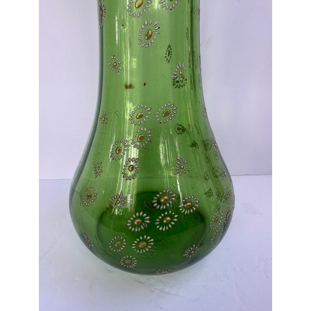 Art Nouveau Vintage Bohemian Green Glass Hand-Enameled Floral Vase, 12” For Sale - Image 3 of 12