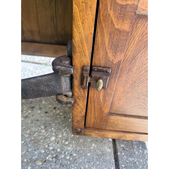 Brown Vintage Industrial Desk With Integrated Swing-Out Stools For Sale - Image 8 of 18