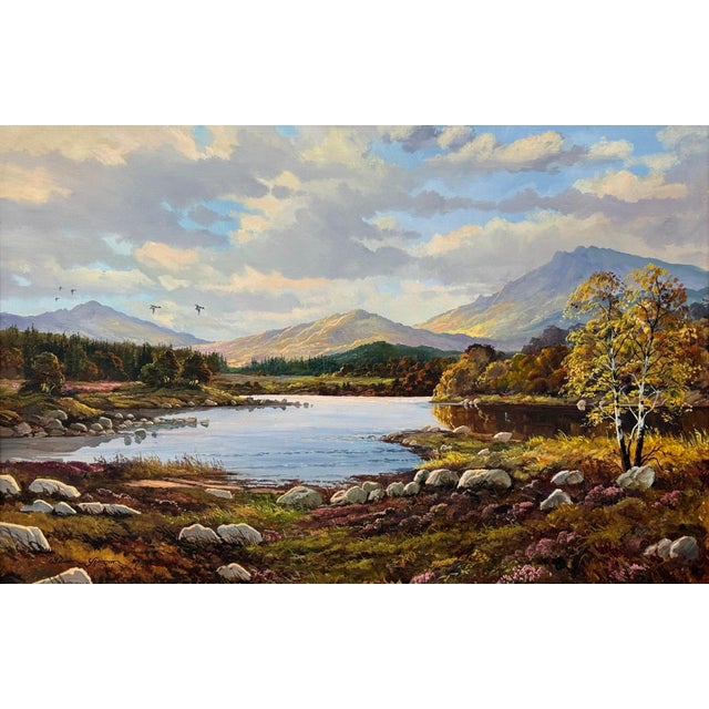 A tranquil mountain lake scene with vivid light, colour and natural beauty, by 20th Century Artist, William Yeaman. Art...