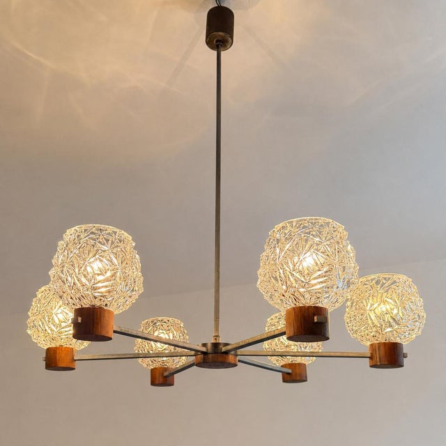 Mid-Century Modern 6-Arm Chandelier with Pressed Glass Shades, Late 20th Century For Sale - Image 17 of 17