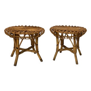 Mid-Century Modern Italian Round Stools in Rattan, 1960s, Set of 2 For Sale