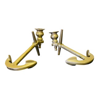 Vintage Late 20th Century Brass Anchor Candlestick Holders a Pair For Sale