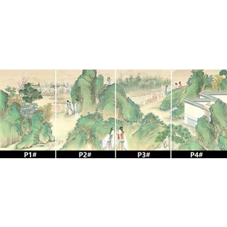 36" * H96"/Panel* 4ps, Chinese Traditional Gongbi Blue-Green Landscape Wallpaper, 4 Panels For Sale