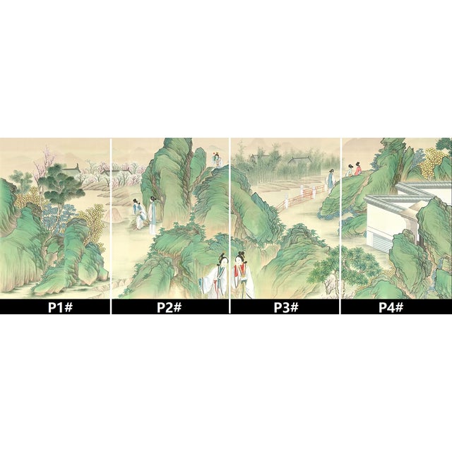 36" * H96"/Panel* 4ps, Chinese Traditional Gongbi Blue-Green Landscape Wallpaper, 4 Panels For Sale