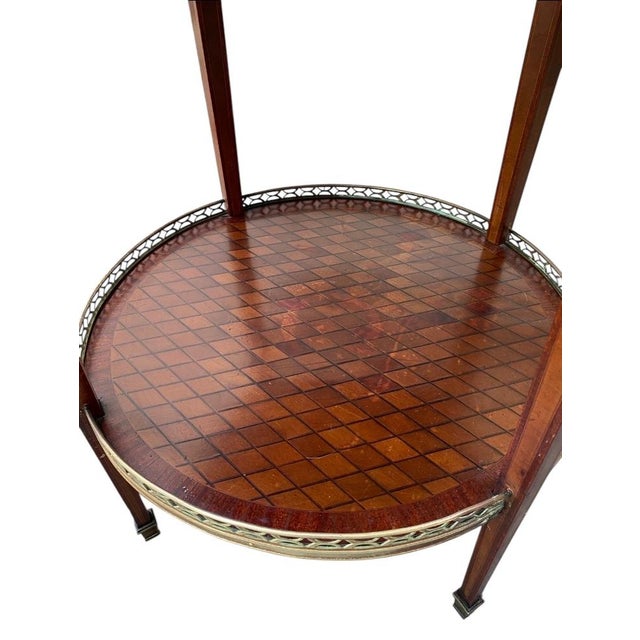 French Antique French Louis XVI Style Marquetry Inlaid Circular Side Table With Marble Top & Pierced Brass Gallery. For Sale - Image 3 of 5