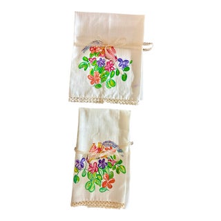 Vintage Hand Painted Hand Towel / Tea Towels or Kitchen Towel Lace Trim Ivory With Floral Bird Painting For Sale