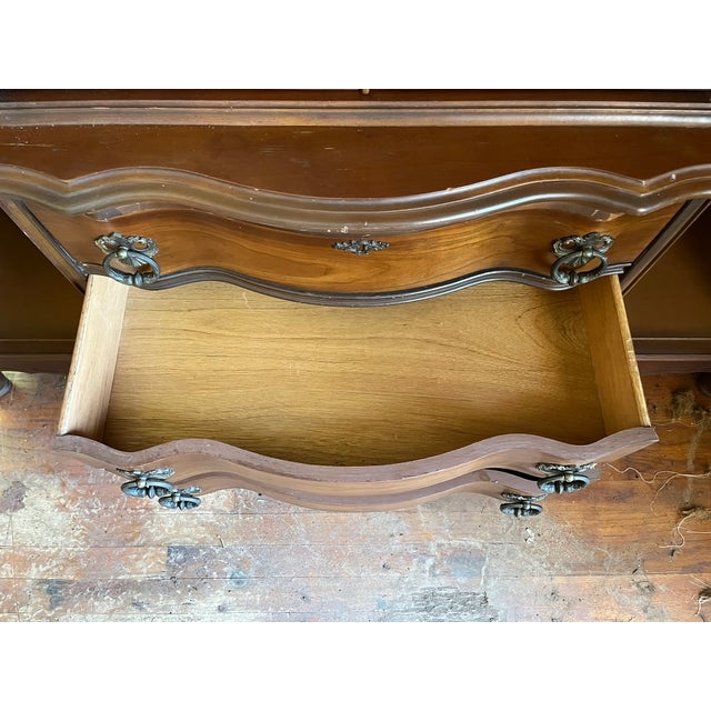 Mid 20th Century French Provincial Style China Cabinet — 2-Piece, Brass Lattice Doors, Serpentine Base For Sale - Image 9 of 13