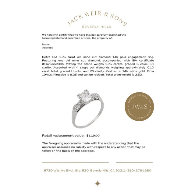 Silver 1940s Retro Gia 1.25 Carat Old Mine Cut Diamond 14k Gold Engagement Ring, Size 8.25 For Sale - Image 8 of 8