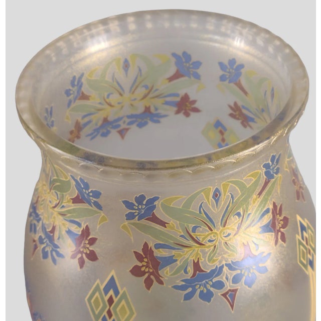 Early 20th Century Art Deco Hand Painted Enamel Lucky Lotus Flowers Venetian Glass Vase, Made in Italy For Sale - Image 4 of 8