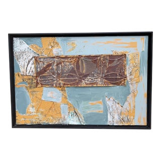 Mid-Century Modern Style Mixed-Media Abstract Painting With Painted Tin Ceiling Tile Component – Framed For Sale