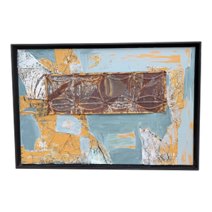 Mid-Century Modern Style Mixed-Media Abstract Painting With Painted Tin Ceiling Tile Component – Framed