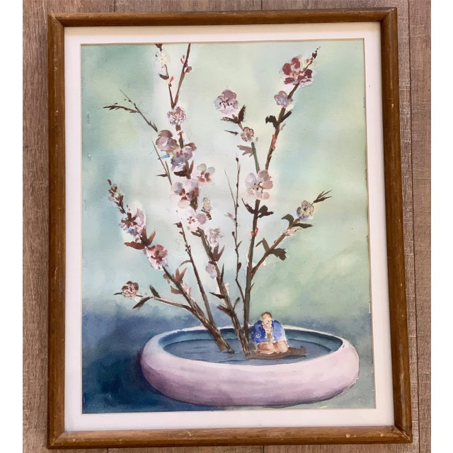 Vintage Asian Chinoiserie Cherry Blossom Watercolor Painting For Sale - Image 9 of 11