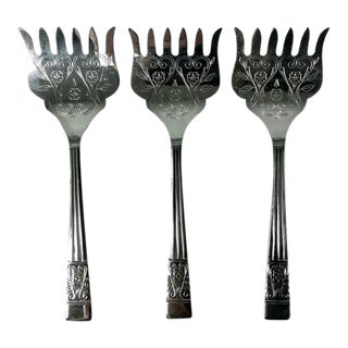 Vintage Boho Chic Chippendale Stainless Steel Petit Four Serving Forks - Set of 3. For Sale