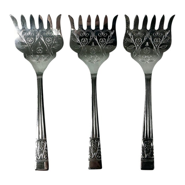 Vintage Boho Chic Chippendale Stainless Steel Petit Four Serving Forks - Set of 3. For Sale