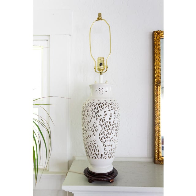Blanc De Chine Pierced Chinoiserie Lamp With Prunus Tree Plum Blossoms For Sale - Image 4 of 17