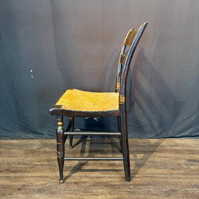 19th Century Early 19th Century American Painted Hitchcock-Style Side Chairs With Rush Seats and Gilt Stenciling For Sale - Image 5 of 12
