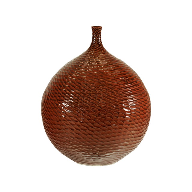 Large Handcrafted Ceramic Vase with Glossy Brown Honeycomb Texture For Sale - Image 14 of 18