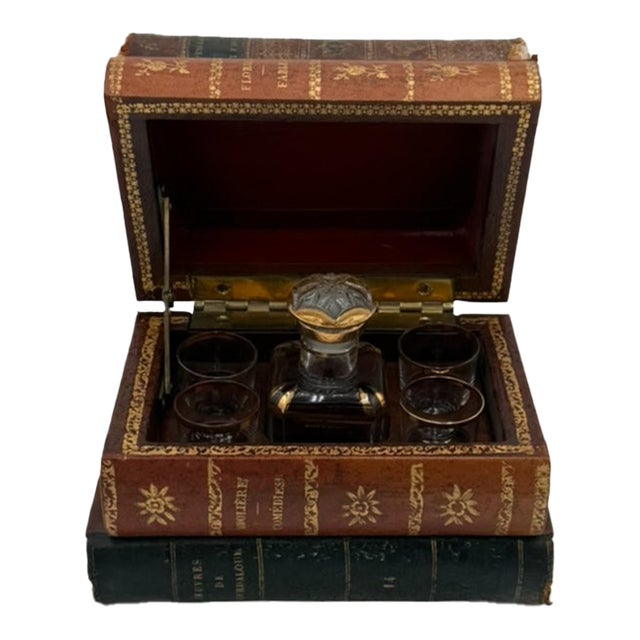 Late 19th Century French Leather Book Liquor Tantalus with box - 7 pcs For Sale