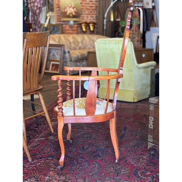 Antique Victorian Armchair With Floral Embroidered Upholstered Seat For Sale - Image 4 of 7