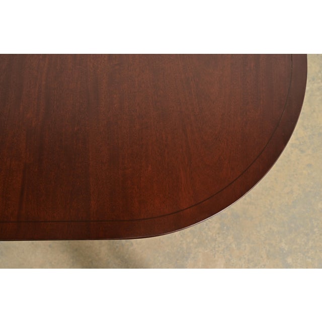 Baker Furniture Style Georgian Banded Mahogany Double Pedestal Extension Dining Table, Newly Refinished For Sale - Image 10 of 14