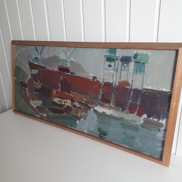 A mid-century modern vintage swedish industrial oil painting capturing a busy harbor scene. Painted with an expressive...