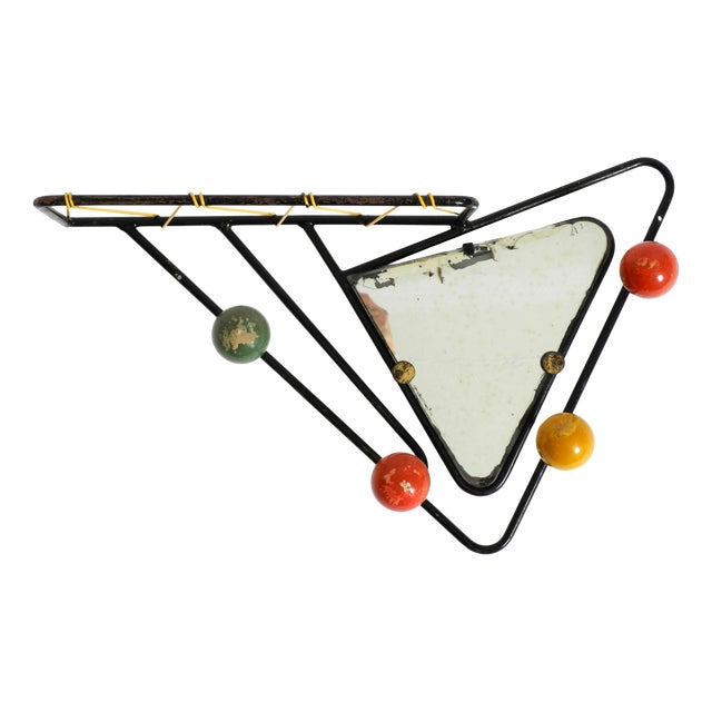 Mid-Century Modern French Metal Wall-Mounted Coat Rack with Shelf and Mirror, 1950s For Sale