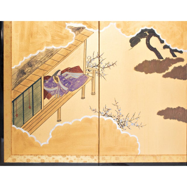 Wood 1960s Shōwa Era Japanese Byobu Screen "Travels of Genji Monogatari" For Sale - Image 7 of 17