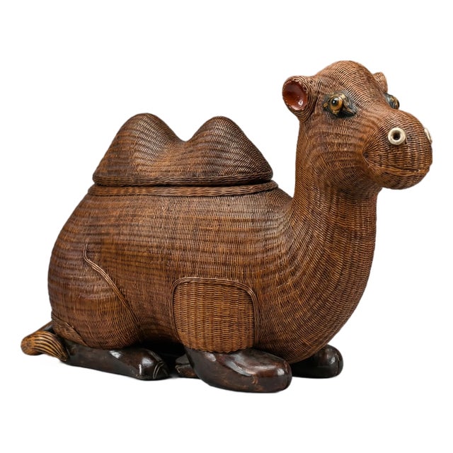 Vintage Woven Rattan Camel Storage Box For Sale