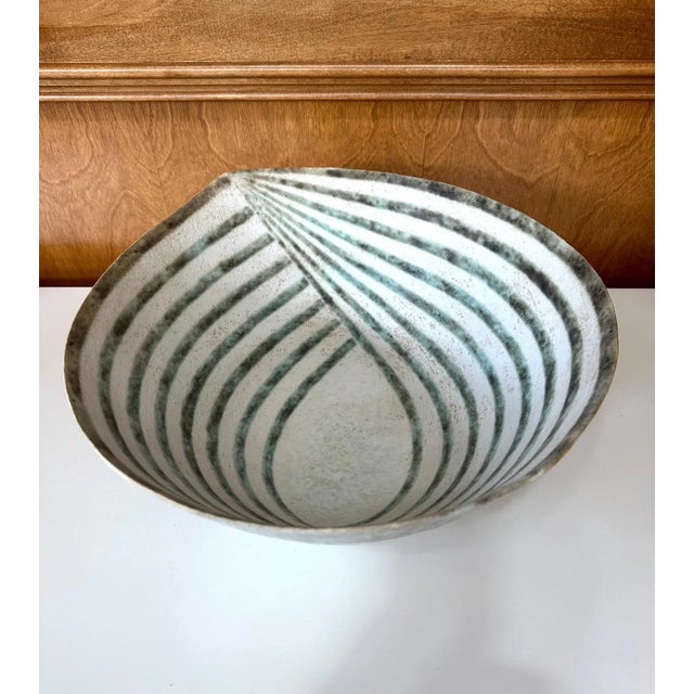 White Large Ceramic Leaf Bowl with Banded Glaze by John Ward For Sale - Image 8 of 12