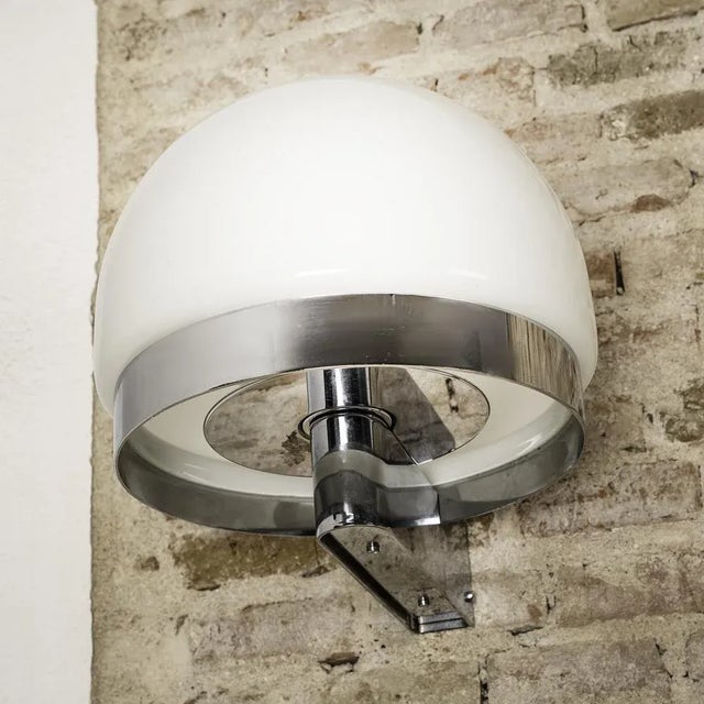 Mid-Century Modern Chromed Metal and Opaline Wall Light by Andre Ricard for Metalarte, Spain, 1970s, Set of 2 For Sale - Image 3 of 6