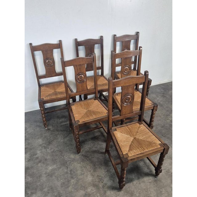 Rustic Straw-Seated Chairs with Carved Rosette and Turned Legs, 1920s, Set of 6 For Sale - Image 3 of 4