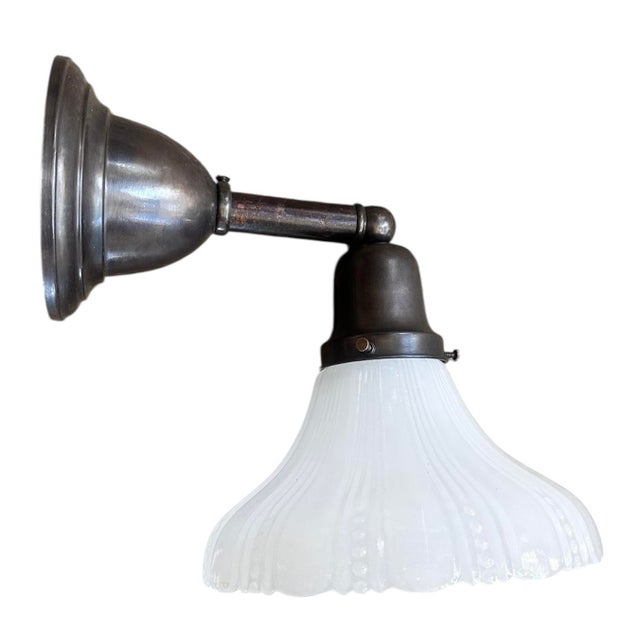 1920s Pair Beaded Pattern Clam Shell White Glass Shade Wall Sconces on Original Old Bronzing Brass Holders, Circa 1920 For Sale - Image 5 of 5