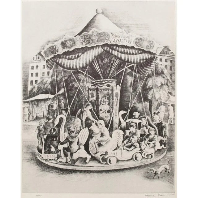 First Edition period black and white etching (print) of drawing "Mary-Go-Round" by Howard Cook, signed in the print....