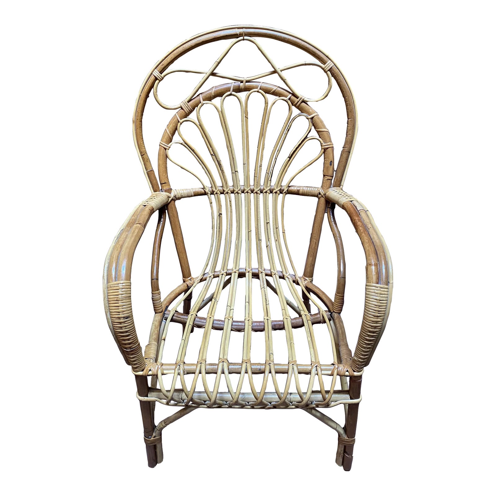 Late 20th Century Vintage Italian Rattan and Wicker Fan Back Chair
