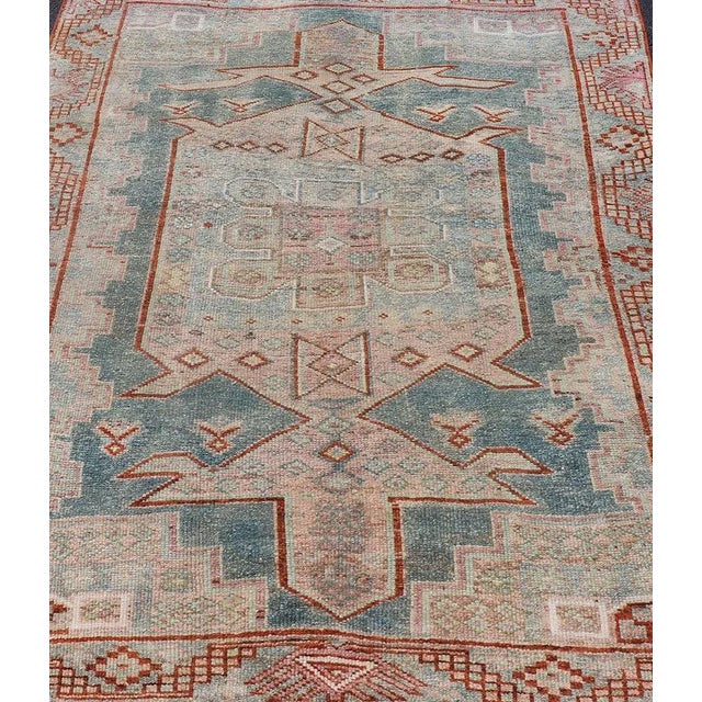 1900 - 1909 Persian Kurdish Antique Rug With Tribal Design in Light Blue, Teal, Taupe & Red 4'6"x5'10" For Sale - Image 5 of 10