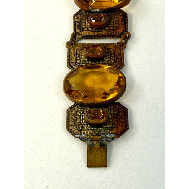 Czech Art Deco Bezel Set Citrine Amber Glass Panel Bracelet Signed Antique For Sale In Los Angeles - Image 6 of 9
