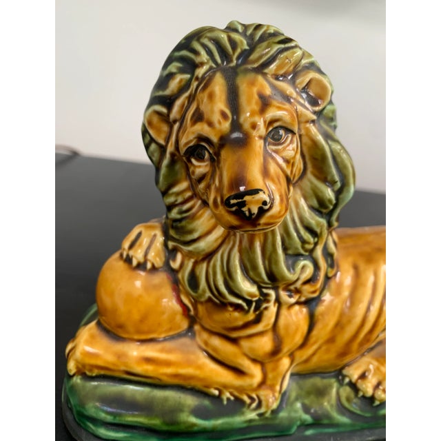 1950s Vintage Enesco Majolica Resting Lion on Ball For Sale - Image 5 of 7
