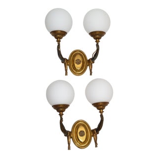 Charles Et Fils Pair of Bronze & Blown Opaline Glass Globe French Sconces 1950 For Sale