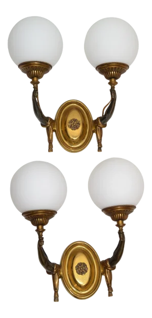 Charles Et Fils Pair of Bronze & Blown Opaline Glass Globe French Sconces 1950