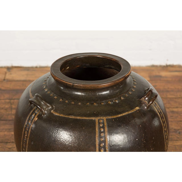 Thai Brown Glazed Ceramic Vase with Loop Handles and Cream Dotted Décor For Sale In New York - Image 6 of 13
